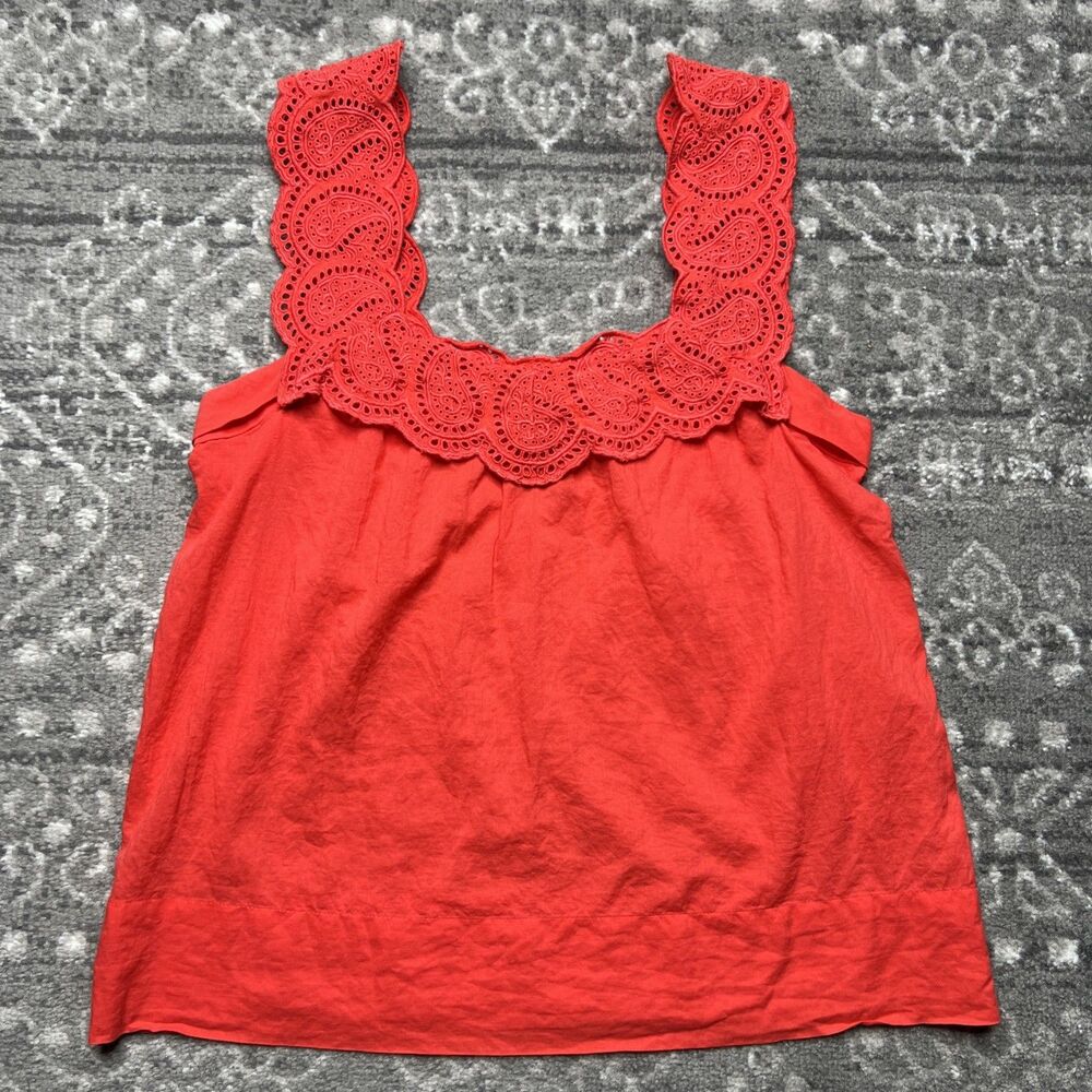 J Crew Square Neck Eyelet Trim Tank Top Size 2 Red Orange Coastal Preppy Classic